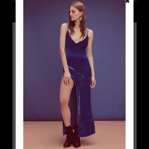For Love and Lemons Nadine Cobalt Blue Maxi Dress Velvet Plunging Slit XS